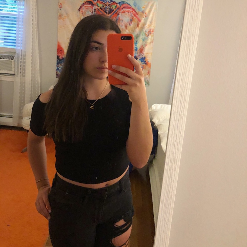 Black short sleeve top with cut out shoulders